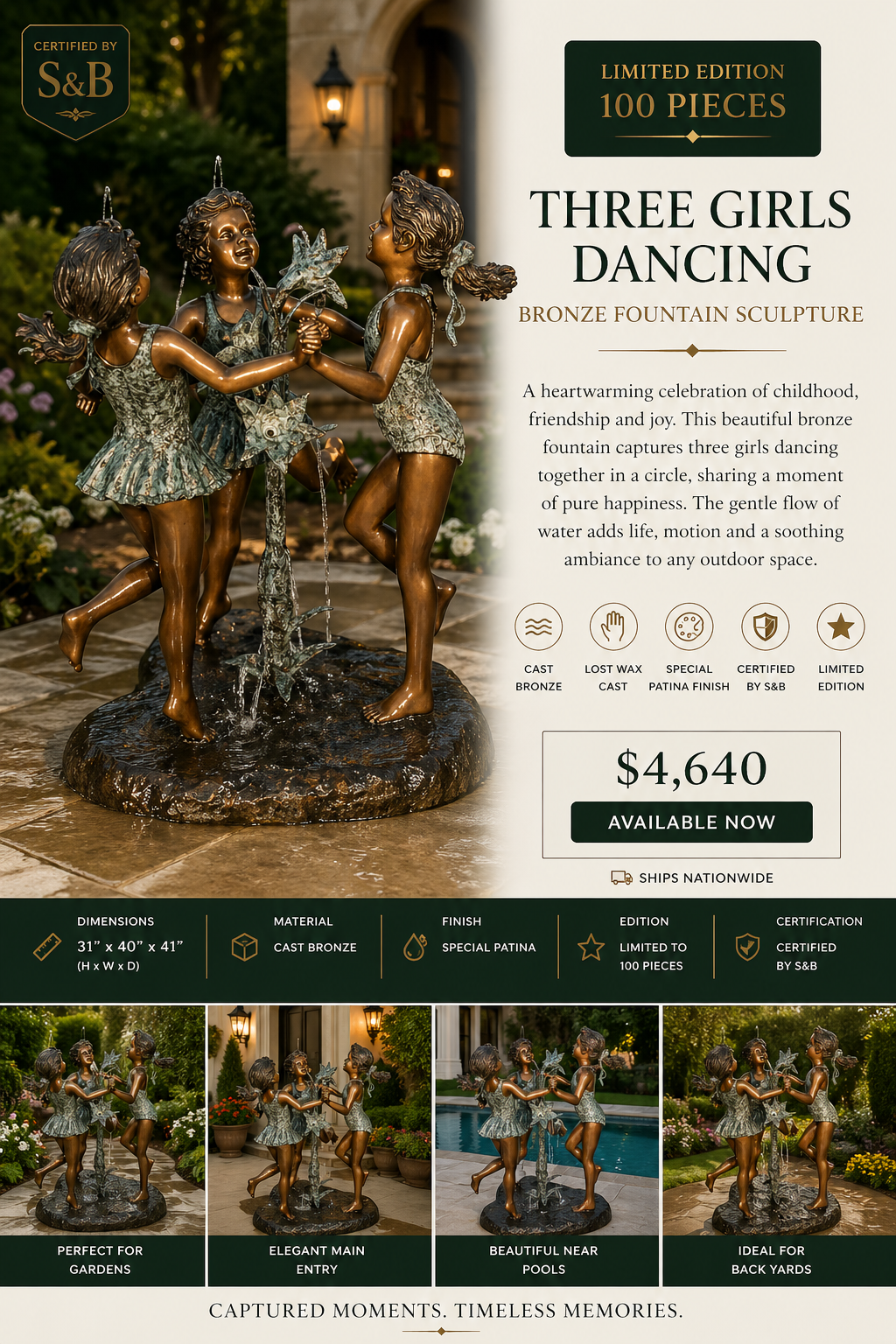 Cast Bronze Fountain Sculpture of Three Girls Dancing