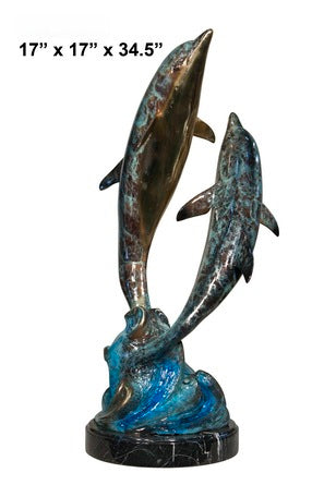 Cast Bronze Two Dolphins Sculpture with Marble Base
