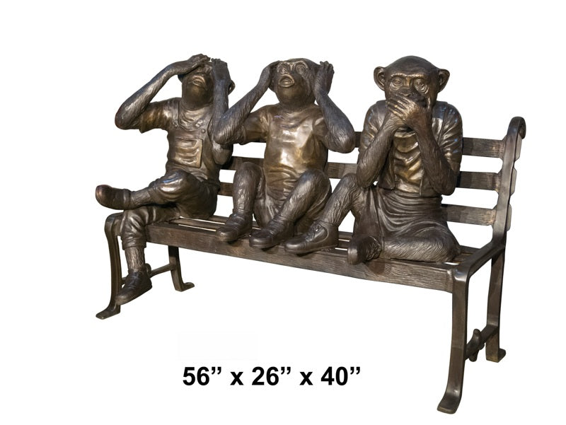 Cast Bronze Three Monkeys on Bench Sculpture