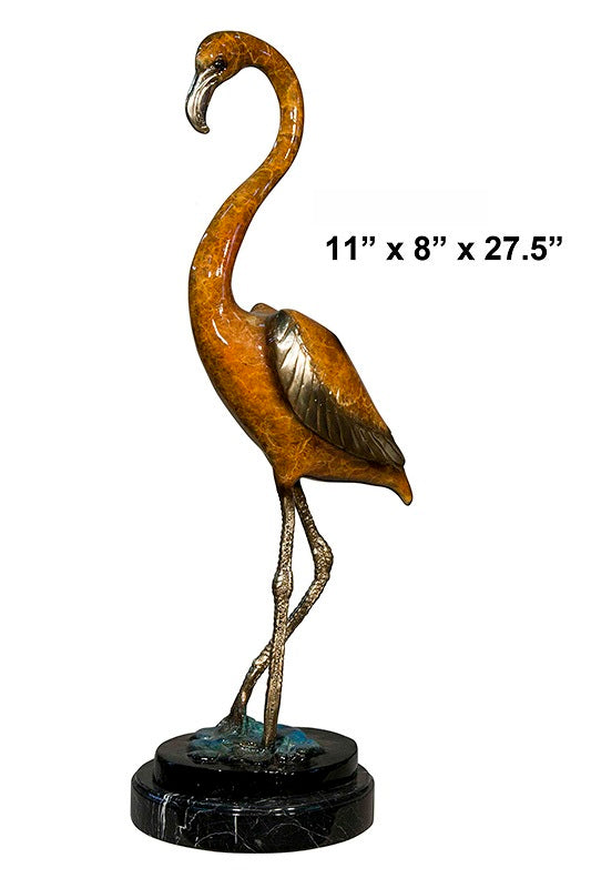 Cast Bronze Flamingo Sculptures (Left & Right) with Marble Base