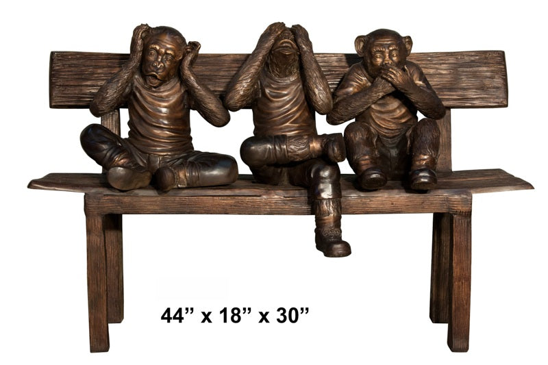 Cast Bronze Three Monkeys on Bench Sculpture
