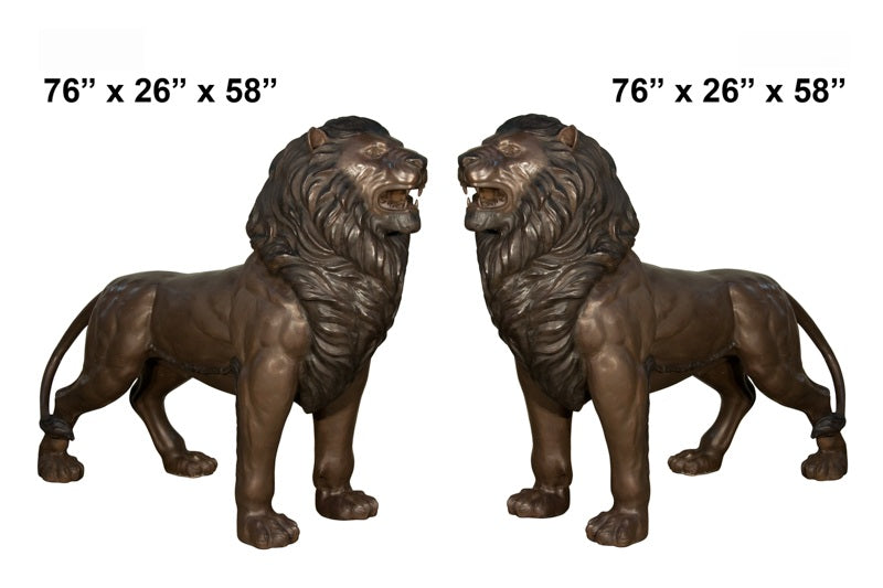 Cast Bronze Walking Lion Pair Sculpture