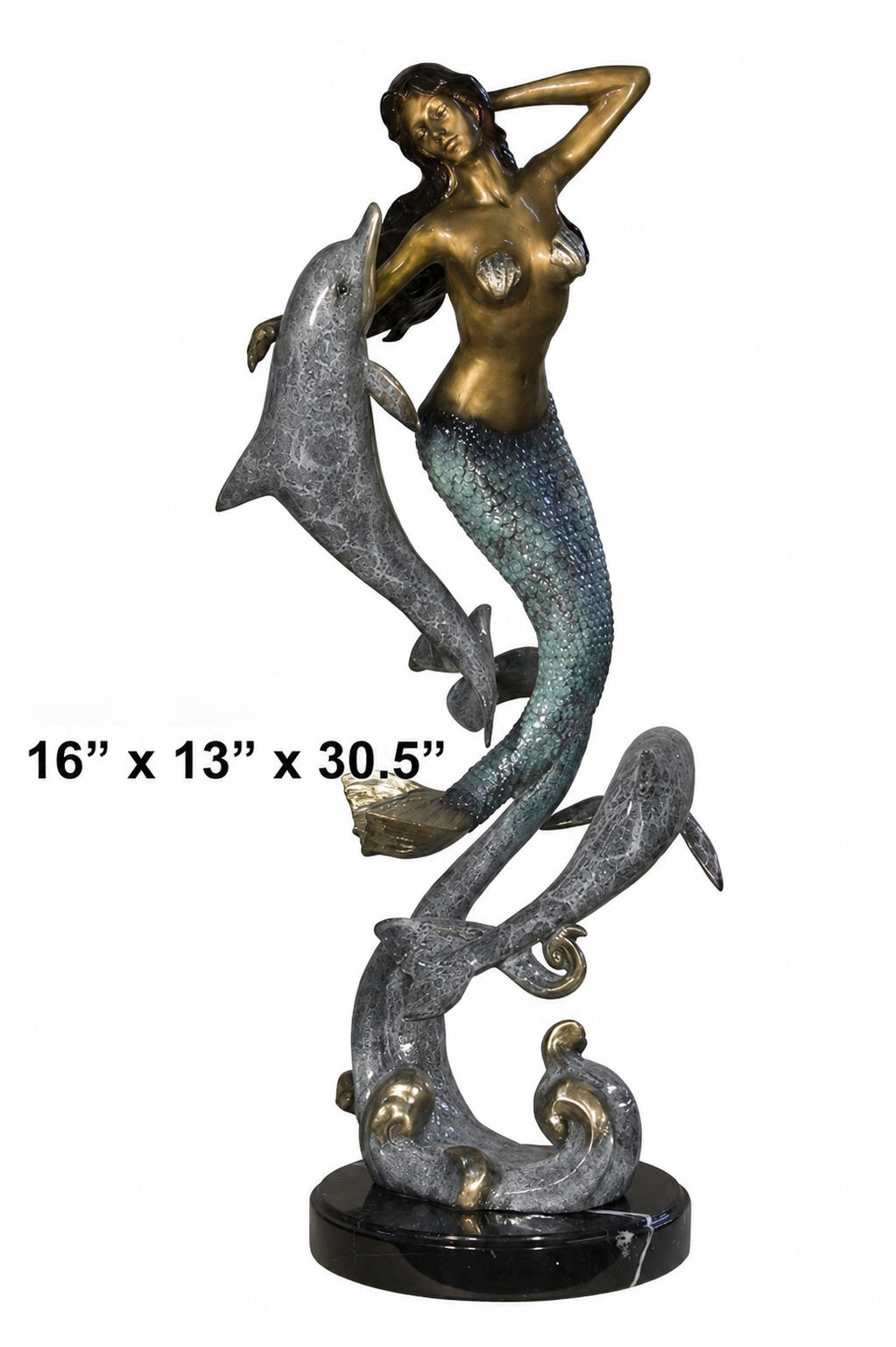 Cast Bronze Mermaid with Two Dolphins Sculpture with Marble Base