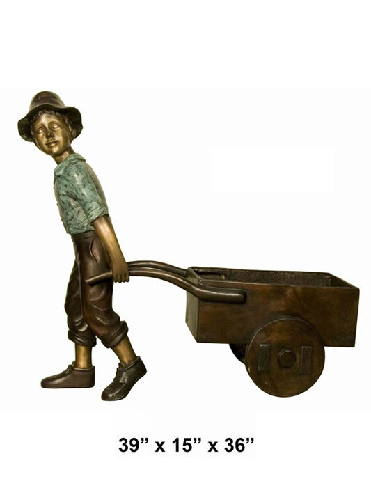 Cast Bronze Boy Pulling a Garden Wagon Sculpture