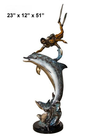 Cast Bronze Dolphins & Scuba Diver Sculpture with Marble Base