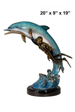 Cast Bronze Dolphin & Diver Sculpture with Marble Base