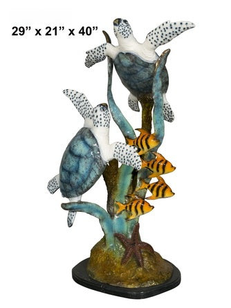 Cast Bronze Sea Turtles & Fish Sculpture with Marble Base (Blue Patina)