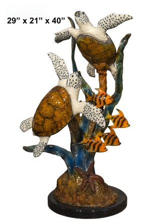 Cast Bronze Sea Turtles & Fish Sculpture with Marble Base (Brown)