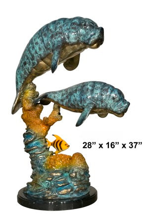 Cast Bronze Two Manatees Sculpture with Marble Base (Blue Patina)