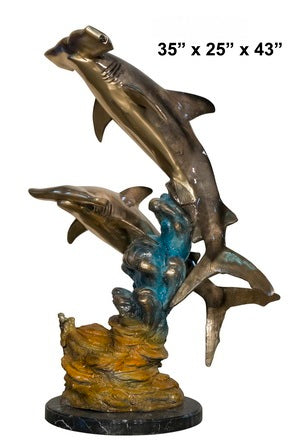 Cast Bronze Double Hammerhead Sharks Sculpture with Marble Base