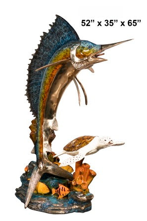 Cast Bronze Swordfish & Turtle Fountain Sculpture