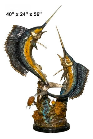 Cast Bronze Double Swordfish Sculpture with Marble Base