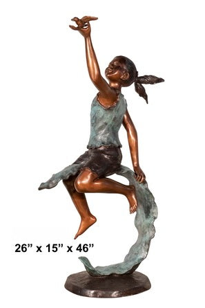 Cast Bronze Girl on Leaf Holding Bird Sculpture