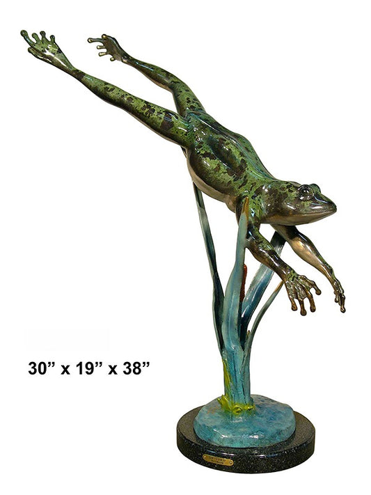 Cast Bronze Jumping Frog Sculpture with Marble Base