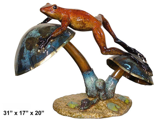 Cast Bronze Frog on Mushroom Sculpture