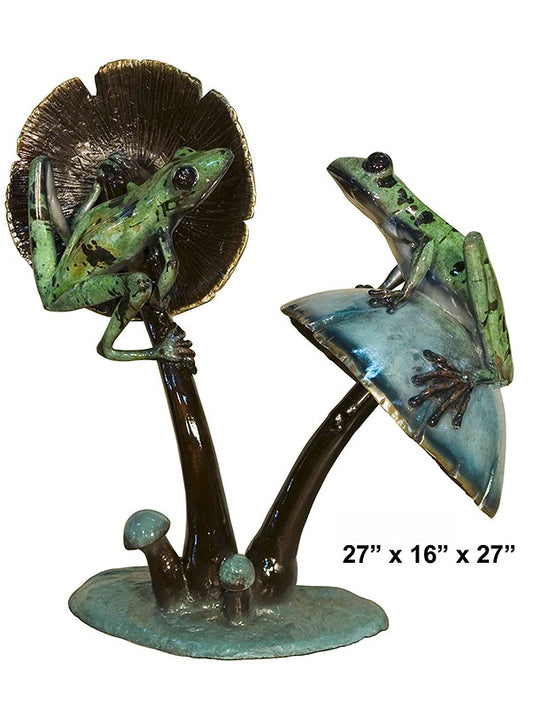 Cast Bronze Two Frogs on Mushroom Sculpture