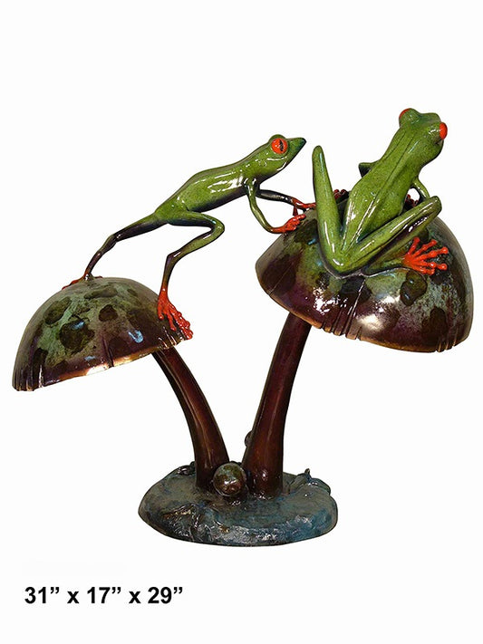 Cast Bronze Two Frogs on Mushroom Sculpture