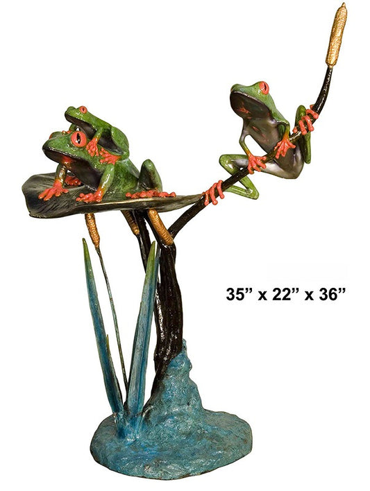 Cast Bronze Three Frogs on Lotus Sculpture