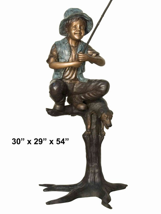 Cast Bronze Boy Fishing with Dog Sculpture