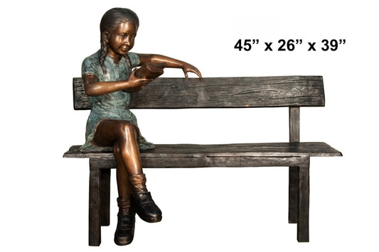 Cast Bronze Girl on Bench Reading Sculpture