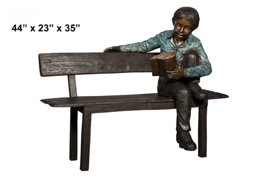 Cast Bronze Boy on Bench Reading Sculpture