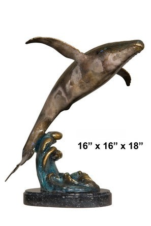 Cast Bronze Whale Jumping Sculpture with Marble Base