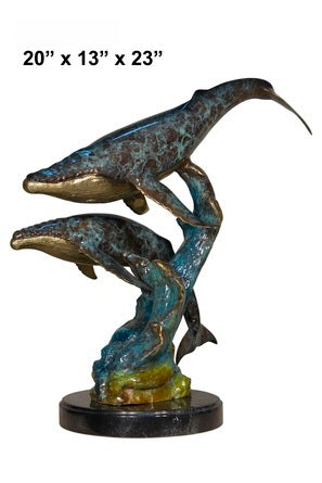 Cast Bronze Two Whales Sculpture with Marble Base