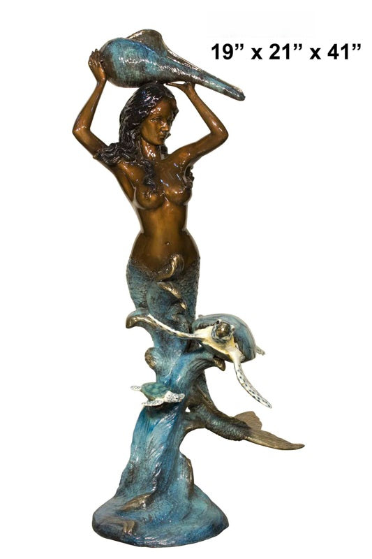 Cast Bronze Mermaid with Turtle Sculpture with Marble Base