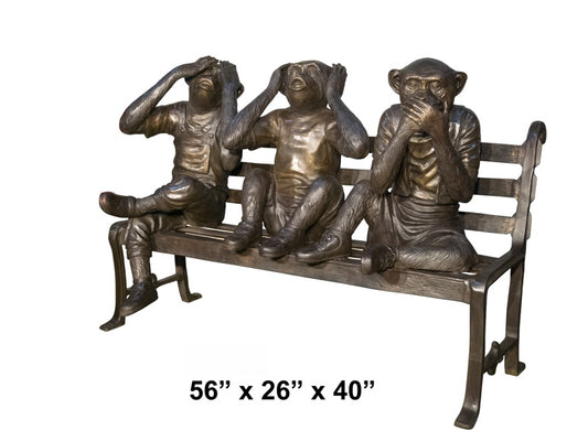 Cast Bronze Three Monkeys on Bench Sculpture