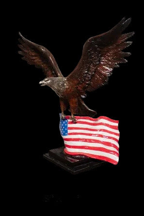 Cast Bronze Eagle with American Flag Sculpture with Marble Base