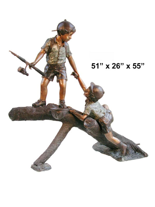 Cast Bronze Two Kids Fishing on Log Fountain Sculpture