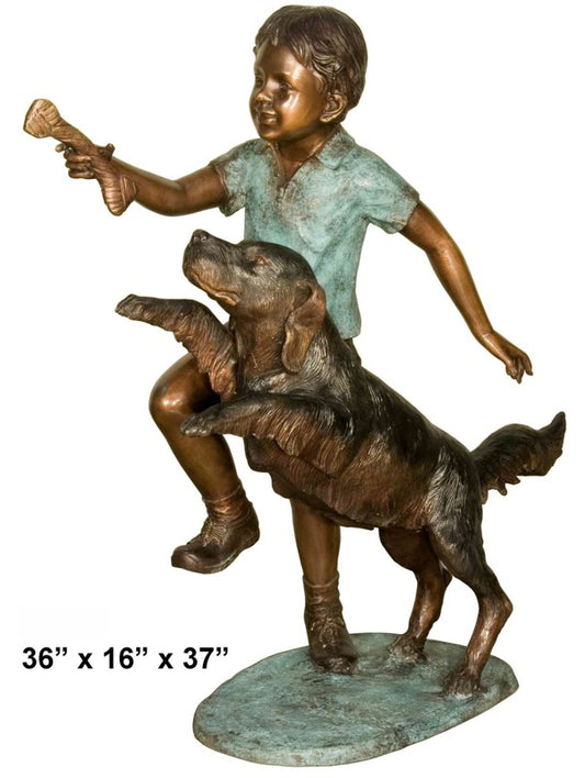 Cast Bronze Boy Playing with Dog Sculpture