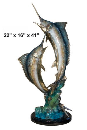Cast Bronze Double Marlins Sculpture with Marble Base