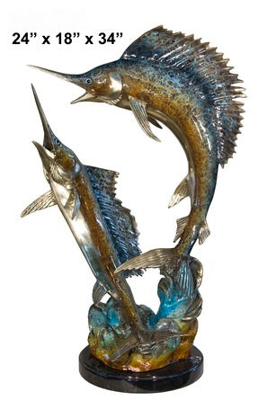 Cast Bronze Double Sailfish Sculpture with Marble Base