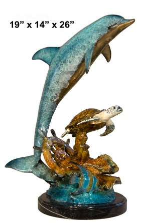 Cast Bronze Dolphin & Turtle Sculpture with Marble Base