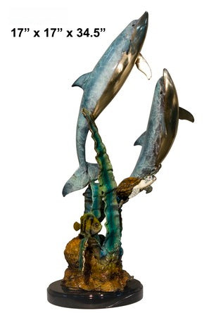 Cast Bronze Two Dolphins with Turtle & Fish Sculpture with Marble Base
