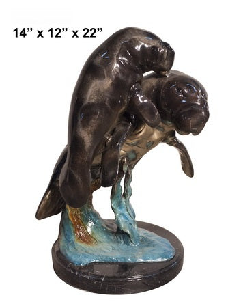 Cast Bronze Two Manatees Sculpture with Marble Base