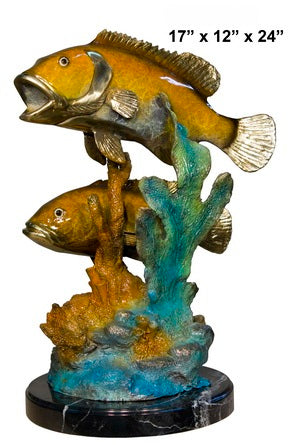 Cast Bronze Two Bass Fish Sculpture with Marble Base