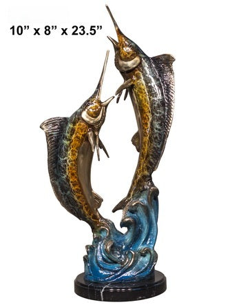 Cast Bronze Double Marlins Sculpture with Marble Base