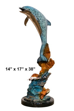 Cast Bronze Dolphin with Turtle Sculpture with Marble Base
