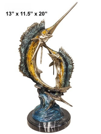 Cast Bronze Circular Double Sailfish Sculpture with Marble Base