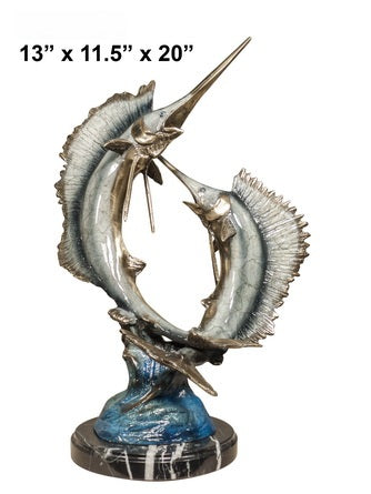 Cast Bronze Double Sailfish Sculpture with Marble Base