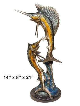 Cast Bronze Double Swordfish Sculpture with Marble Base