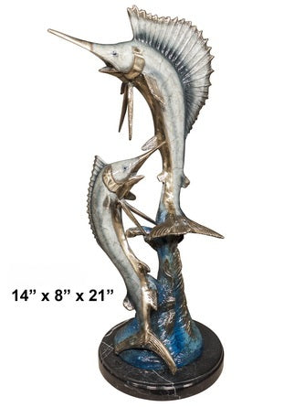 Cast Bronze Double Swordfish Sculpture with Marble Base