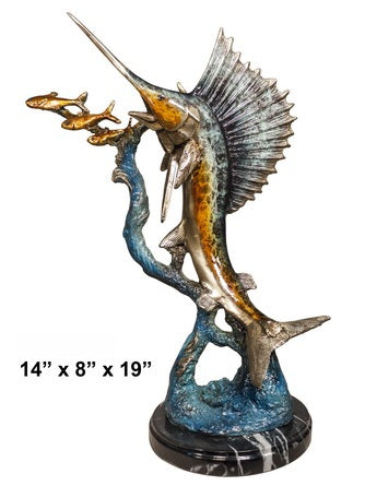 Cast Bronze Sailfish with Three Gold Fish Sculpture with Marble Base
