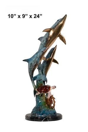 Cast Bronze Three Dolphins with Turtle Sculpture with Marble Base