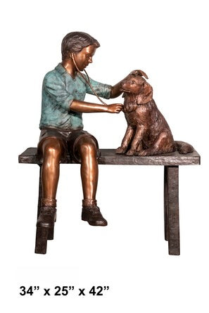 Cast Bronze Boy with Dog on Bench Sculpture