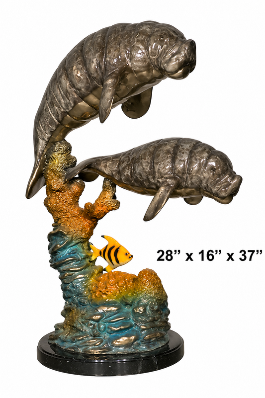 Cast Bronze Two Manatees Sculpture with Marble Base (Gray)