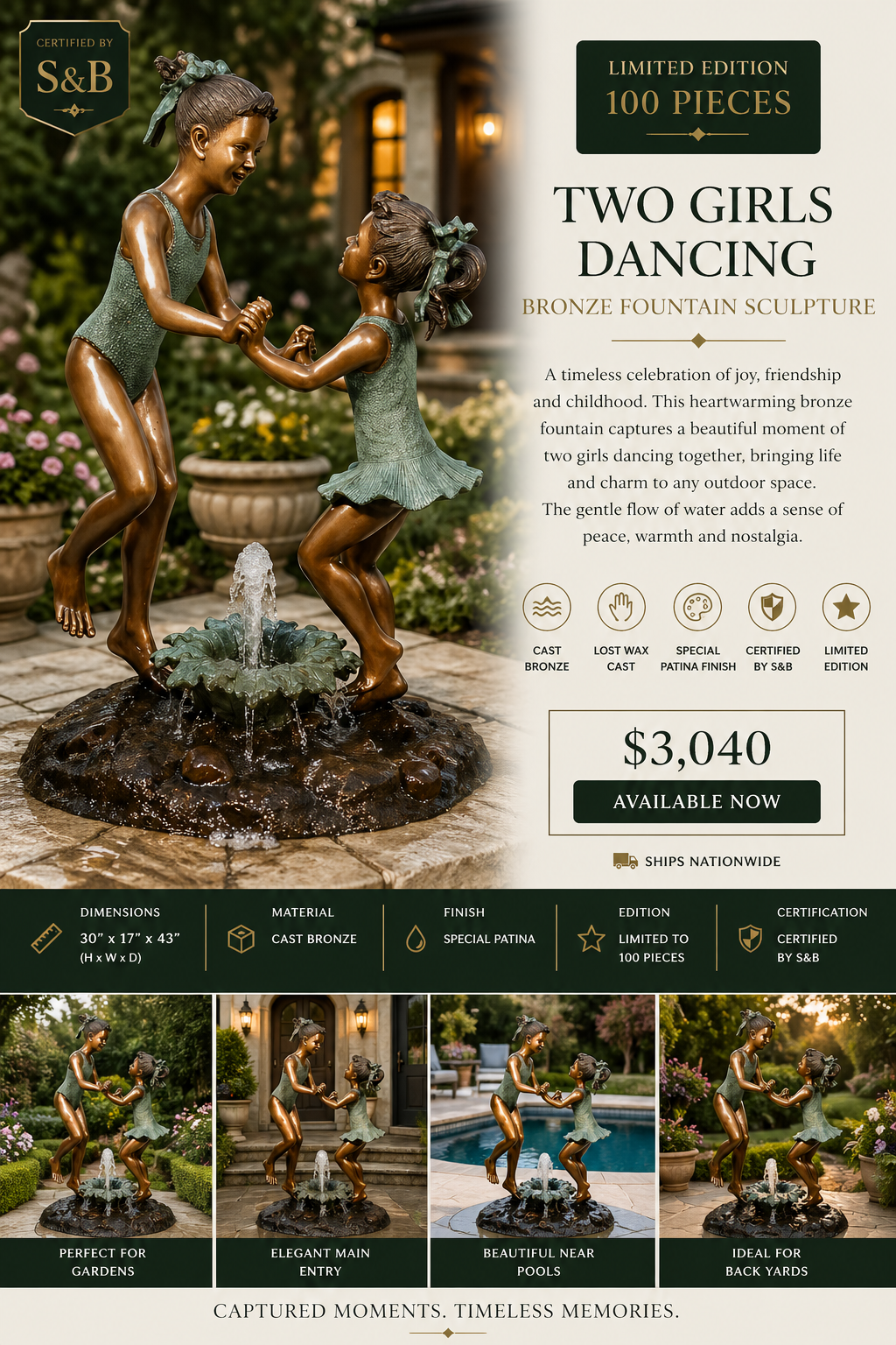 Cast Bronze Fountain Sculpture of Two Girls Dancing