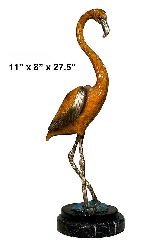 Cast Bronze Flamingo Sculptures (Left & Right) with Marble Base